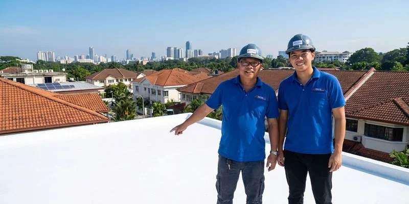 Completed heat reflective white roof coating on Malaysian residential property under clear blue sky