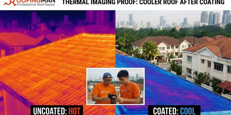 Thermal image comparison showing temperature difference between coated and uncoated roof sections